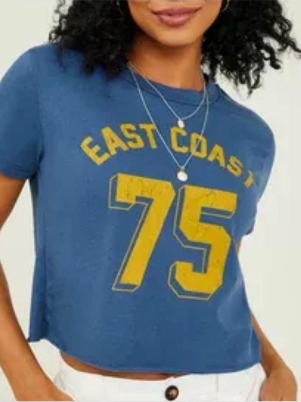 Altar’d State East Coast 75 Cropped Graphic Tee Blue Yellow Women’s Small